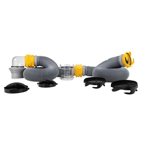 Camco Deluxe Sewer Hose Kit with Swivel Fittings, Clear Elbow Fitting, Hoses, Storage Caps, and Bonus Clear Extender, 20 Feet (39658)