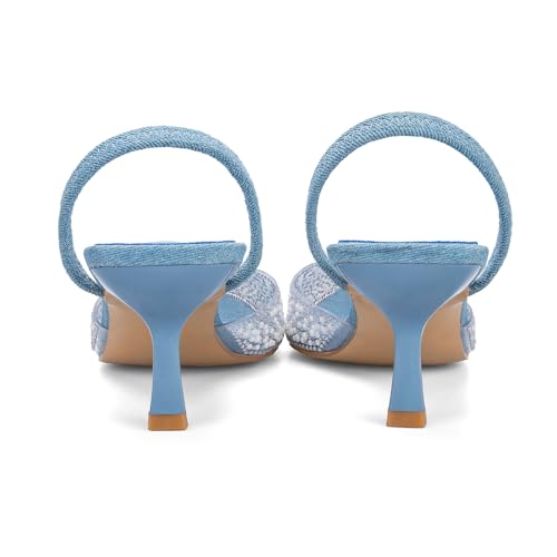 Image of YIYA Women's Clear Slingback Heels with Pearl Studded Pointed Toe Kitten Mid Heels Sparkly Rhinestone Slip On Wedding Party Shoes