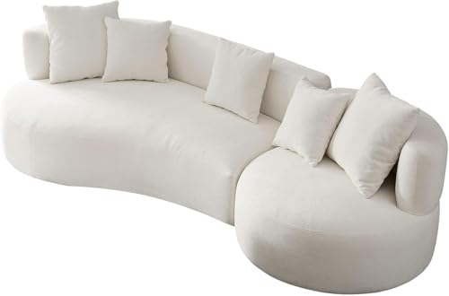 Image of Modern Curved White Sofa Couch with Plush Pillows - 4 Seater Upholstered Living Room Sofa | Contemporary Minimalist Design for Home, Office & Lounge.