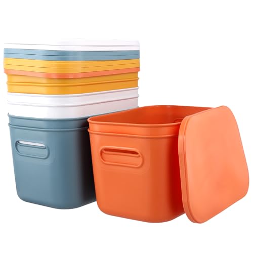 HOZEON 8 Pack Colored Plastic Storage Bins with Lids and Handle, Stackable Colorful Cupboard Organiser Pantry Storage Boxes for Shelves, Drawers, Bathroom, 10 x 7 x 6 Inch
