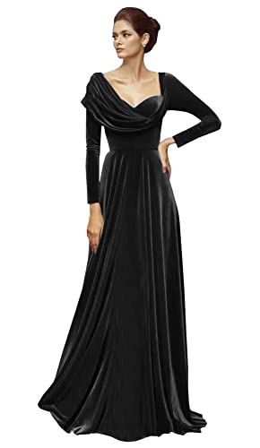 BONOYUER Long Sleeve Velvet Evening Dresses A-line Asymmetrical Neck Formal Wedding Guest Dress
