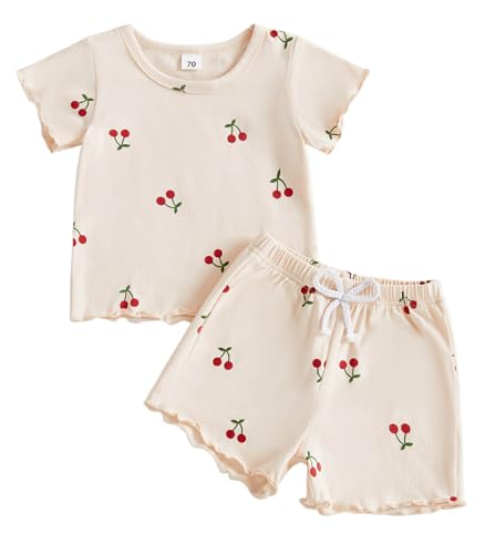 LIOMENGZI Baby Cherry Outfit Baby Girl Summer Clothes Cute Toddler Short Sleeve Tshirt Top Shorts 3 6 12 18 24 Months 2T 3T 4T (Apricot 12-18 Months)