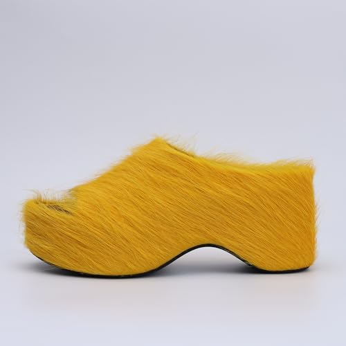 Image of XOBZJH Long-Hair Calfskin Chunky Clog Slide for Women - Memory Foam Luxury Slip on Shoes Women's Mules & Platform Clogs,Designer Mules for Women 2025