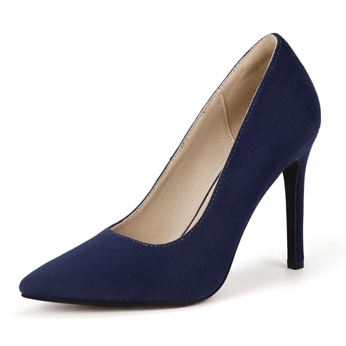 IDIFU Navy Blue Heels for Women High Heels Pumps Closed Toe Stiletto Pointed Dress Shoes Wedding Prom Bridal Daily Work Office Business Fashion Sexy Comfortable Dressy Shoes(Navy Blue Suede 9 M US)