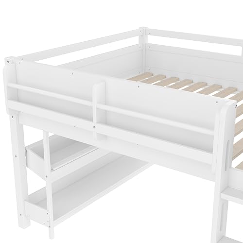 Image of Full Loft Bed with Multi-Storage Bookcases, Boxes and Drawers, Solid Wood Low Loft Beds with Desk and Blackboard, No Box Spring Needed (White-02)