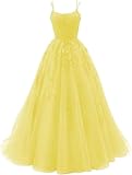 HYEC7 Women's Spaghetti Straps Tulle Prom Dresses Long Lace Appliques Ball Gown Formal Evening Party Gowns Light Yellow