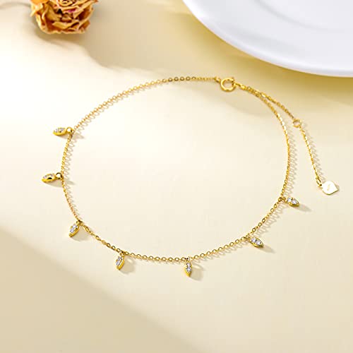 Sisgem Real 14K Gold Dangle Anklet For Women, Cubic Zirconia Leaves Ankle Bracelets Foot Jewelry Gift For Her, 9.4-11 Inch #TOP2