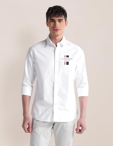 Image of U.S. POLO ASSN. Mens Cotton Regular Fit White Solid Collared Neck Long Sleeve Casual Shirts