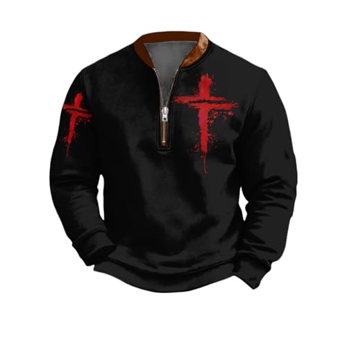 HOTYD Mens Cross Print 1/4 Zipper Christian Sweatshirts Casual Long Sleeve Graphic Jesus Shirts Fall Fashion Lightweight Tops Cross Black 09 M