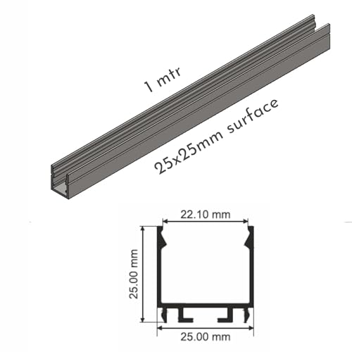 Image of (25x25mm) LED Strip Light 1Meter Aluminium Rectangular Surface Profile Light Channels with Diffused Cover, End Caps and Mounting Clips Without LED Straight Linear - Pack of 2