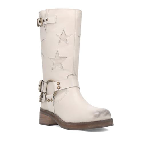 Image of Goolita Women's Buckle Biker Knee High Boots Square Toe Chunky Heel Star Moto Mid Calf Boots Slip On Motorcycle Riding Boot