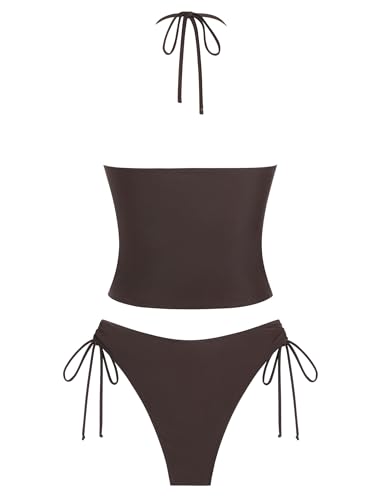 Image of ZAFUL Women's V Neck Tummy Control High Waisted Tankini Swimsuits | Adjustable Spaghetti Strap, Sexy Plunging Neck, Tummy Control Tank Top, Tie Side Cheeky Bikini Bottom, 2 Piece Bathing Suit