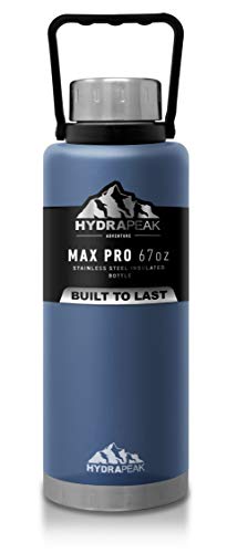Hydrapeak Water Bottle, Double Wall Stainless-Steel Vacuum Insulated Thermos Canteen, Wide Mouth Flask BPA-Free Leak-Proof Growler with Handle Lid (Storm, 67oz)