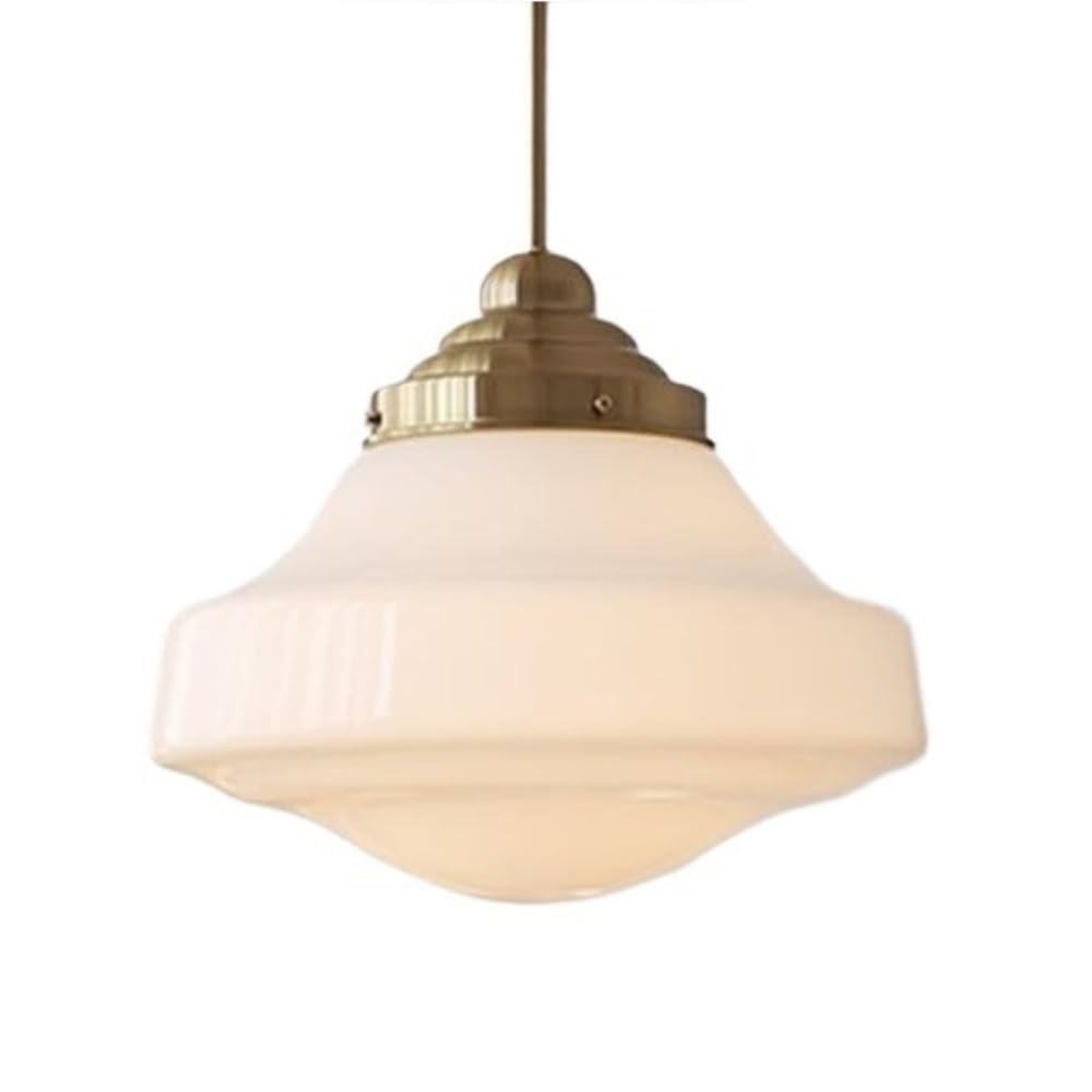 HUAYUSEDF Vintage White Glass Pendant Light Brass Finish Metal with Classic Schoolhouse Shade E26 Fixture Adjustable Hanging for Dining Room Bedroom Study Farmhouse Accent Lighting