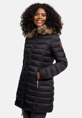 MARIKOO Damen Wintermantel warmer Steppmantel lang mit Kapuze und abnehmbarem Kunstfell-Kragen Rose Schwarz Gr. XL