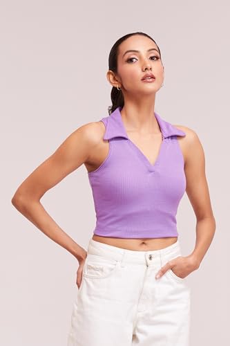 Image of BERRY BIRD Stylish Sleeveless V-Neck Slim Fit Collar Ribbed Knit Tank Crop Tops for Women & Girls Beach and Gym Wear and Western Trendy Fashion