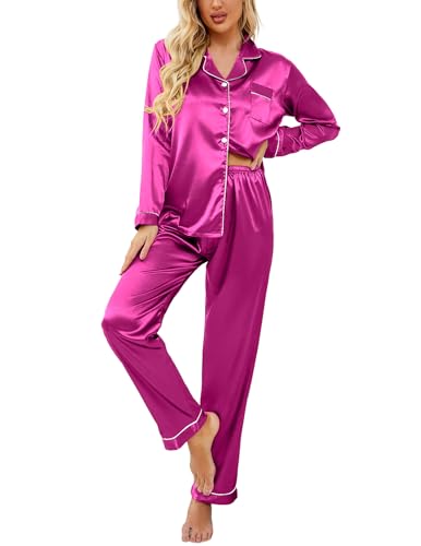 Ekouaer Women Satin Pajamas Set Classic Button Down Long Silk Pjs Set,Medium,Rose