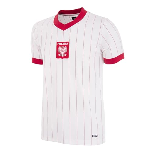 Copa Football - Camiseta de Fútbol - Hombre - Polonia 1982 - Retro - Manga Corta - Blanco - 50% algodón - 50% poliéster - Talla S