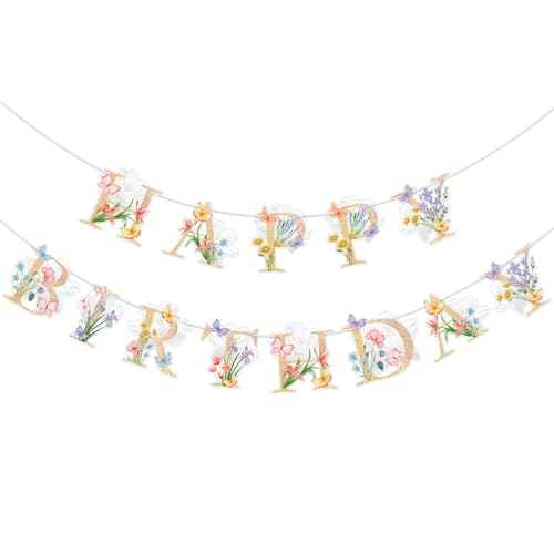 Image of Hooqict Happy Birthday Banner Flower Butterfly Birthday Party Decorations Boho Floral Banner Garland Sign for Girls Women 1st 16th 21st 30th 50th 60th Spring Wildflower Garden Party Decorations