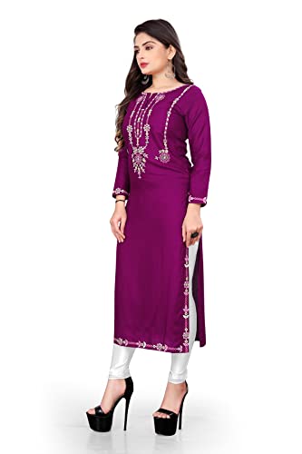 Image of Women's Rayon Embroidered Straight Kurti Under 499 Designer Attractive Look Women's Kurta