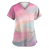 Scrubs for Women V Neck Short Sleeve Working T-Shirts Printed Comfy Nurse Uniforms Vacation Trendy Care Workwear