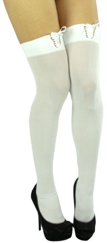 Image of ToBeInStyle Women's Spandex Double Weaves Thigh Hi With Lace Up Lace Top