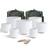 432HZ 6-12 Inch Crystal Singing Bowl Set of 7 with 2 Pcs Green Heavy Carrying Case bag, Frosted Quartz Crystal Sound Healing bowls for Chakra, Meditation, Sound Therapy