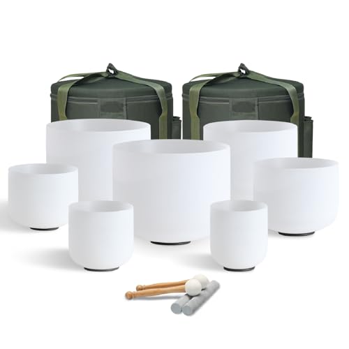 432HZ 6-12 Inch Crystal Singing Bowl Set of 7 with 2 Pcs Green Heavy Carrying Case bag, Frosted