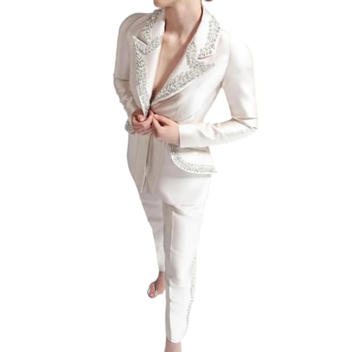 Modern Crystal Women Suits Sets 2 Pieces One Button Fashion Elegant Blazer＆Pants Wedding Party Formal Business Office