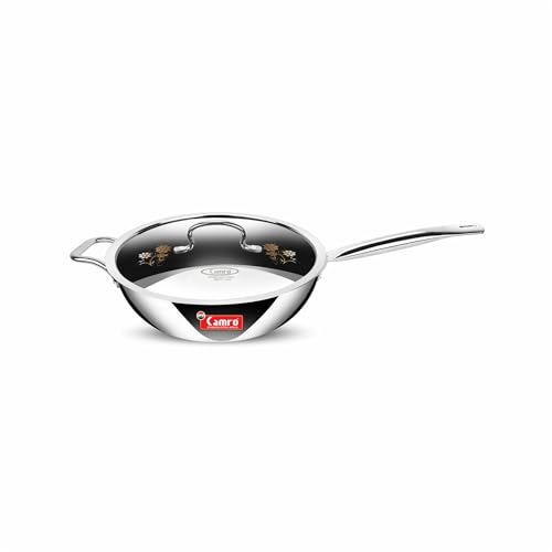 Image of Camro Triply Artisian Wok Pan with Lid 24 Cm, 3.1 Liters | Heavy-Duty Kadai for Noodles, Fried Rice Perfect Grip Traditional Chinese Cooking | Dishwasher Safe | 6 Years Warranty