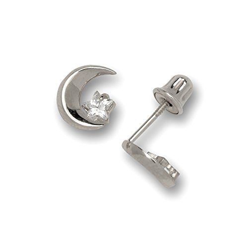 14ct oro blanco CZ media luna con una estrella Screwback 7 x 6 mm - Pendientes de medidas - JewelryWeb Cover