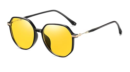 Image of Blue Light Blocking Gaming & Night Driving Glasses - Retro Black Polygonal Frame, Anti-Fatigue Yellow Lenses with Metal Accents for Computer Work & Fashion