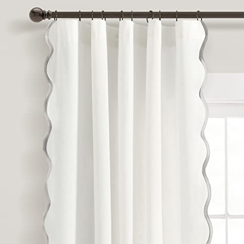 Image of Lush Decor Coastal Chic Scalloped Edge Light Filtering Window Curtain Panels Pair, 52 inch W x 84 inch L, Gray & White - White Curtains for Living Room - Coastal Decor