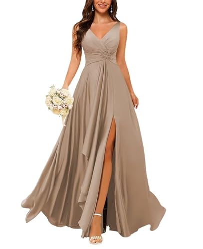 HPPEE Robe de demoiselle d'honneur en satin avec fente froncée sans manches et col en V pour femme, taupe, 48 Grande taille