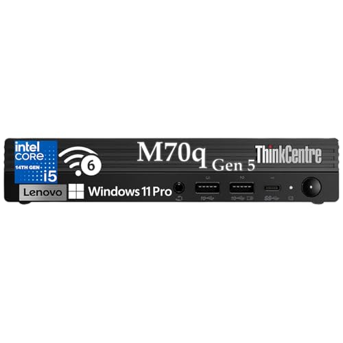 Image of Lenovo ThinkCentre M70q Gen 5 Tiny Desktop, 8GB DDR5 RAM, 256GB PCIe SSD, 1L Mini PC MFF Computer with Office 365, Intel 10-Core i5-14400T, WiFi 6, RJ45, Type-C, HDMI, KB & M, Win 11 Pro, Jet Black