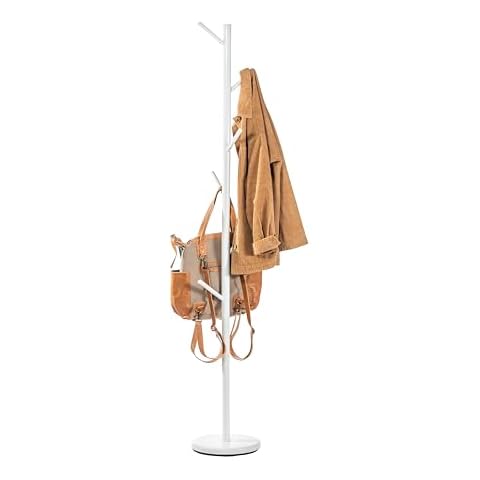 White Freestanding Coat Rack - Modern Powder-Coated Hat and Coat Stand with 6 Hooks, Durable Tubular Steel, Sturdy and Space-Saving Design for Home or Office, 11-Inch Round Base x 66,1-Inches Tall Cover