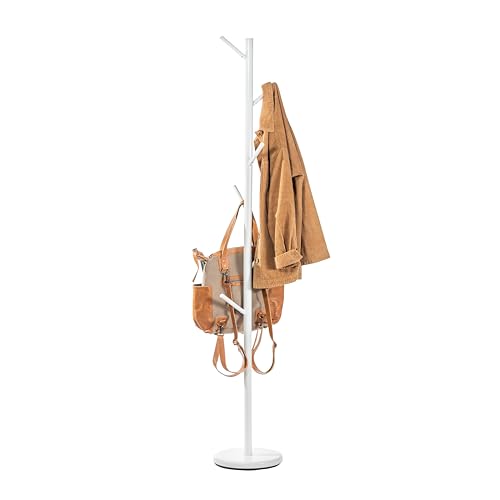 Perchero independiente blanco, moderno soporte para sombreros y abrigos con acero tubular recubierto de polvo blanco, 28 cm de diámetro x 168 cm de alto