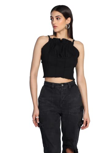 Image of Leriya Fashion Women's & Girls' Solid Square Neck Ribbed /Knitted Sleeveless Stretchable Slim Fit Crop Tank Top