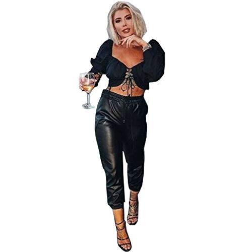 Love Celeb Look Women's PU PVC Faux Leather Cuffed Bottom Jogging Ladies Joggers Pants Trousers (Black, 14)