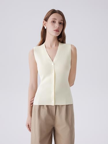 Image of SUUKSESS Women Sleeveless Sweater Tops Summer V Neck Button Down Vest Tops Business Casual Work Shirts