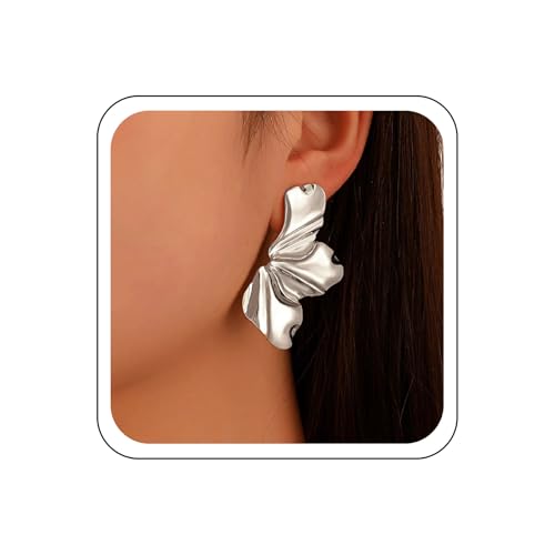 Asdinbrettan Pendiente de flor grande con textura dorada/plateada/negra para mujer Pendientes florales grandes Pétalos elegantes Concha de hoja Pendientes de alas de ángel Declaración Joyería (plata)