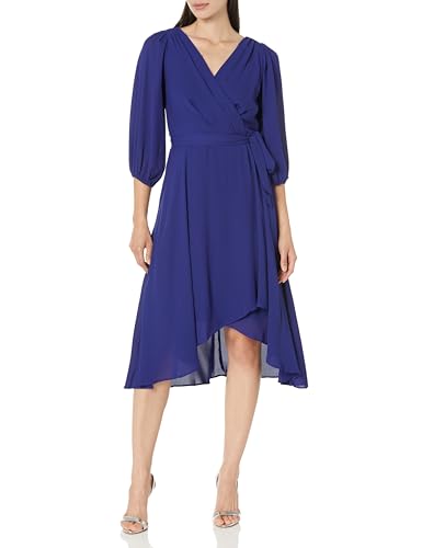 Image of DKNY Women's Chiffon Balloon Sleeve Faux Wrap Midi Dress with High-Low Hem