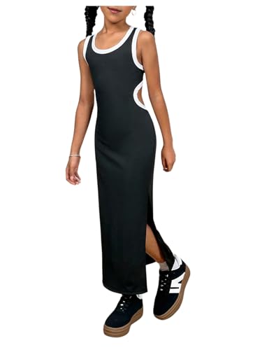 Floerns Girl's Cute Sporty Cut Out Tank Dress Contrast Binding Color Block Slit Pencil Knit Long Dresses