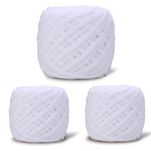 Image of 3 Pack Plush Chenille Chunky Yarn for Crocheting 100g(54.6yd) - Bulky Thick Fluffy Yarn for Knitting- Soft Velvet for Baby, Blanket Knitting Blanket Yarns- Amigurumi Yarns (3-White)