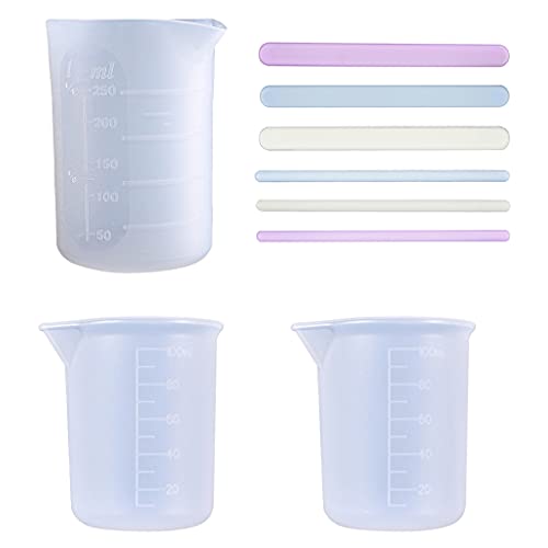 iSuperb 3 pieces Silicone Measuring Cups 250ml 100ml Silicone Cup, 6pcs Silicone Stir Sticks Non-stick High Precision Measure Mixing Cup Set for Epoxy Resin Glue Mixing Pouring (3 cups+6 sticks)