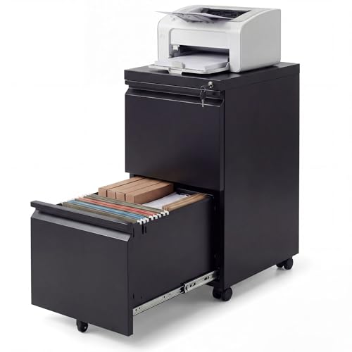 GIANTEX Caisson Bureau Mobile, Meuble Bureau en Acier avec 5 roulettes, 2 Tiroirs, 2 Barres Suspendues Réglables et Serrure, Meuble Rangement Papier...