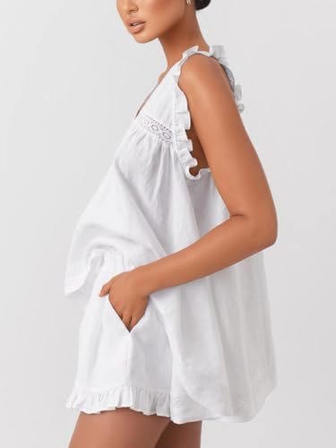 Image of Women's Summer Ruffle Short Sets Cotton Sleeveless Pajama Set | 2 Piece Outfits for Women, Lightweight Breathable Cotton, Relaxed Fit, for Bridesmaid, Party, Vacation and Daily Wear