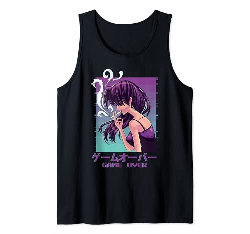 Japanese Vaporwave Sad Anime Girl Game Over Aesthetic Tank Top, Black