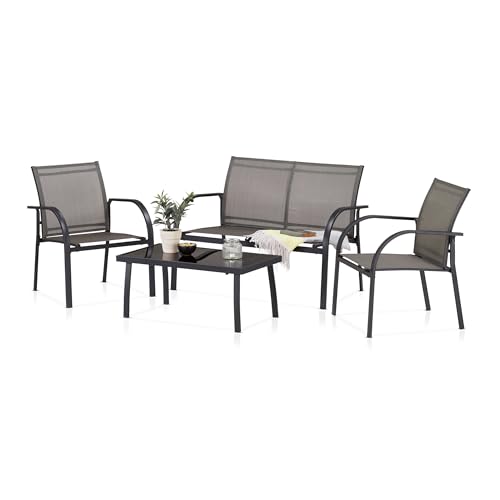 KHG Gartenset Anthrazit, 2 Gartenstühle, Gartenbank & Gartentisch, für 4 Personen, wetterfest Eisen, Bezug aus PVC Balkonset Outdoor, 110 kg belastbar