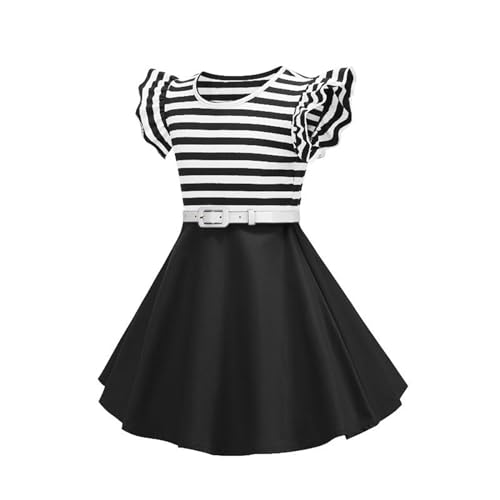 Girls Casual Vintage Ruffle Short Sleeve Striped Patchwork Dresses with Belt Party Holiday Evening Dress for Kids